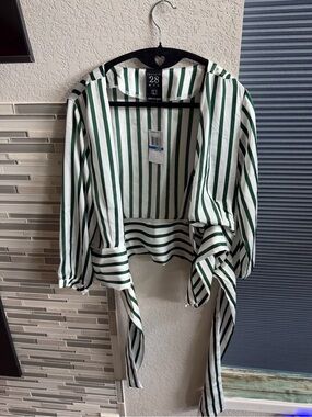 Project 28 NYC Silk Green & White Vertical Stripe Wrap Around Crop Shirt